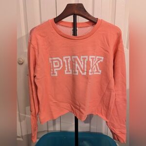 PINK Cropped Crew neck Sweatshirt W/Mesh pink and white Size S